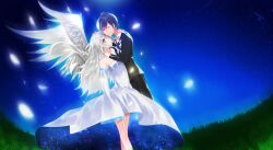 Rule 34 | 1boy, 1girl, artist request, blue eyes, character request, copyright request, dress, feathered wings, feathers, highres, long hair, night, night sky, non-web source, short hair, sky, source request, strapless, strapless dress, white dress, wings