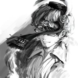 Rule 34 | 1boy, collared shirt, facial hair, fate (series), fur-trimmed jacket, fur trim, gem, glasses, glint, greyscale, hat feather, highres, jacket, looking ahead, male focus, mehmed ii (fate), monochrome, one eye covered, shirt, short hair, simple background, smile, solo, stubble, swept bangs, turban, umu (um), upper body, white background