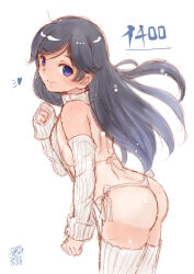 Rule 34 | 1girl, alternate costume, ass, black eyes, blue eyes, butt crack, character name, commentary request, detached sleeves, from behind, garter straps, i-400 (kancolle), kantai collection, koshigaya tatsumi, leaning forward, looking at viewer, meme attire, one-hour drawing challenge, one-piece tan, panties, ribbed legwear, ribbed panties, ribbed sleeves, ribbed sweater, ribbed thighhighs, side-tie panties, simple background, sleeveless, sleeveless sweater, sleeveless turtleneck, solo, sweater, tan, tanline, thong, turtleneck, turtleneck sweater, underwear, virgin destroyer sweater, white background, white garter straps, white panties, white sweater