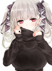 Rule 34 | 1girl, adjusting clothes, azur lane, blush, breasts, ekuramani, eyes visible through hair, formidable (azur lane), hair ribbon, highres, large breasts, long hair, long sleeves, looking at viewer, red eyes, ribbed sweater, ribbon, silver hair, sleeves past wrists, solo, sweater, twintails