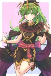 Rule 34 | 1girl, brown dress, closed mouth, dress, fire emblem, fire emblem: shadow dragon, fire emblem heroes, fur trim, green eyes, green hair, hand up, headpiece, highres, long hair, looking at viewer, nintendo, official alternate costume, pointy ears, ponytail, smile, solo, tiki (fire emblem), tiki (young) (fire emblem), very long hair, zuzu (ywpd8853)
