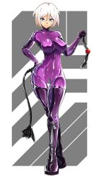 Rule 34 | 1girl, absurdres, ball gag, blue eyes, bodysuit, boots, breasts, catsuit, collarbone, commission, crossed legs, crotch zipper, dominatrix, full body, gag, grey background, hand on own hip, highres, impossible bodysuit, impossible clothes, knee boots, large breasts, latex, latex bodysuit, looking at viewer, original, pale rider (paleriderz), purple bodysuit, shiny clothes, short hair, skin tight, smile, solo, two-tone background, watson cross, whip, white background, white hair, zipper, zipper footwear, zipper pull tab