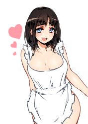Rule 34 | 1girl, :d, absurdres, apron, bare shoulders, blue hair, breasts, brown hair, cleavage, collarbone, heart, highres, looking at viewer, mole, mole on neck, naked apron, nijisanji, no bra, open mouth, parted bangs, short hair, sidelocks, simple background, smile, solo, suzuka utako, tajima yuuki, teeth, thighs, upper teeth only, virtual youtuber, white background