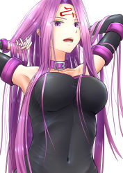 Rule 34 | 1girl, absurdres, armpits, black sleeves, breasts, collar, collarbone, covered navel, detached sleeves, facial mark, fate/stay night, fate (series), hair intakes, highres, holding, holding own hair, kamo ashi, long hair, long sleeves, medium breasts, medusa (fate), medusa (rider) (fate), open mouth, purple collar, purple eyes, purple hair, simple background, solo, straight hair, strapless, upper body, very long hair, white background