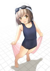 Rule 34 | 1girl, :d, bare arms, bare shoulders, barefoot, blue one-piece swimsuit, blush, bob cut, brown eyes, brown hair, collarbone, commentary request, full body, goggles, goggles on headwear, highres, holding, holding towel, looking at viewer, old school swimsuit, one-piece swimsuit, open mouth, original, school swimsuit, shibacha, smile, solo, standing, swim cap, swimsuit, tile floor, tiles, tiptoes, towel, white background, white headwear