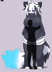 Rule 34 | 1boy, 1girl, artist request, black hair, blue eyes, breast smother, face to breasts, full body, furry, height difference, highres, hug, japanese text, long hair, luxiger, multicolored hair, standing, sweater, thought bubble, transparent person, two-tone hair, white hair
