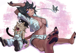 Rule 34 | 1boy, 1girl, animal ears, barefoot, black gloves, black hair, blurry, blurry foreground, breasts, brown fur, bug, butterfly, cat ears, cat tail, cropped shirt, dark skin, depth of field, doitsuken, furry, furry female, gloves, hands up, height difference, highres, insect, large breasts, long hair, looking at viewer, mouth hold, navel, open clothes, open mouth, open shirt, original, overalls, purple background, purple eyes, sharp teeth, sharp toenails, short shorts, shorts, sitting, smile, stretching, tail, teeth, toenails, white shorts, yawning
