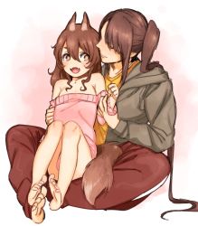 Rule 34 | 10s, 2girls, age difference, animal ears, ashigara (kancolle), bad id, bad pixiv id, barefoot, brown eyes, brown hair, closed eyes, fangs, ikarin, kantai collection, kemonomimi mode, long hair, multiple girls, nachi (kancolle), off shoulder, open mouth, side ponytail, sitting, sitting on lap, sitting on person, smile, tail, wolf ears, wolf tail, aged down