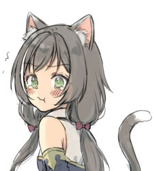 Rule 34 | 1girl, :t, animal ear fluff, animal ears, black hair, black sleeves, blush, bow, breasts, cat ears, cat girl, cat tail, closed mouth, collared shirt, commentary request, detached sleeves, green eyes, hair bow, karyl (princess connect!), long hair, looking at viewer, looking back, low twintails, midorikawa you, princess connect!, purple bow, revision, shirt, simple background, sleeveless, sleeveless shirt, small breasts, solo, tail, tail raised, tears, twintails, upper body, wavy mouth, white background, white shirt