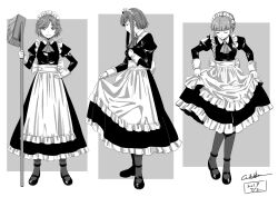Rule 34 | 3girls, apron, ascot, border, broom, character request, check character, closed eyes, closed mouth, curtsey, daisy (eiyuu densetsu), dated, eiyuu densetsu, facing viewer, full body, grey background, greyscale, grin, hand on own hip, holding, holding broom, juliet sleeves, long sleeves, looking at viewer, lotte (eiyuu densetsu), maid, maid headdress, mary janes, monochrome, multiple girls, pantyhose, puffy sleeves, sariffa (eiyuu densetsu), sen no kiseki, sen no kiseki ii, sen no kiseki iii, shoes, short hair, signature, simple background, sleeve cuffs, smile, two-tone background, waist apron, werkbau, white border