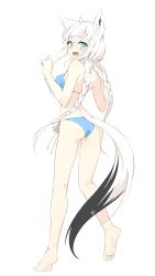 Rule 34 | absurdres, ahoge, animal ears, aqua eyes, artist name, ass, bare shoulders, barefoot, bikini, black tail, blue bikini, blush, braid, commentary, embarrassed, fang, feet, fox ears, fox tail, from behind, full body, furrowed brow, halterneck, highres, hololive, long hair, looking at viewer, looking back, lower teeth only, median furrow, nose blush, open mouth, p-san (sansin), shirakami fubuki, shoulder blades, side-tie bikini bottom, side braid, signature, simple background, skin fang, slit pupils, soles, standing, string bikini, swimsuit, tail, teeth, thighs, toes, tongue, twin braids, twitter username, two-tone tail, very long hair, virtual youtuber, white background, white tail