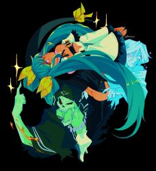 1boy 2girls artist_name bare_shoulders black_background blue_hair blue_nails borcheim dizzy_(guilty_gear) guilty_gear hair_ribbon highres hood hood_up long_hair multiple_girls necro_(guilty_gear) ribbon simple_background skull thighhighs twintails undine_(guilty_gear) yellow_ribbon