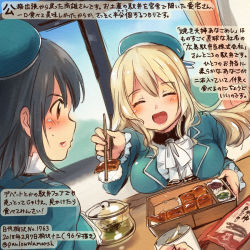 Rule 34 | 2girls, ^ ^, atago (kancolle), beret, black hair, blonde hair, blue hat, chopsticks, closed eyes, colored pencil (medium), commentary request, dated, food, hair between eyes, hat, holding, holding chopsticks, kantai collection, kirisawa juuzou, long hair, long sleeves, multiple girls, numbered, open mouth, red eyes, short hair, smile, takao (kancolle), traditional media, translation request, twitter username