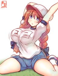 Rule 34 | 1girl, alternate breast size, blue bow, blue eyes, blush, bow, braid, breasts, grass, gym shirt, gym shorts, gym uniform, hair over shoulder, hat, kanon (kurogane knights), large breasts, looking at viewer, name tag, princess connect!, red hair, rosetta (princess connect!), shirt, short sleeves, shorts, sitting, solo, twin braids, wariza, white background, white hat, white shirt, yuni (princess connect!), yuni (school festival) (princess connect!)