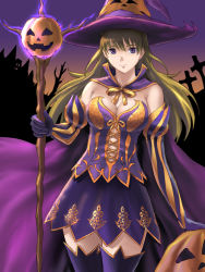 Rule 34 | 1girl, artistic error, breasts, brown hair, cape, cleavage, corset, cross, detached sleeves, elbow gloves, gloves, gradient sky, halloween, hat, ho den keiji, holding, holding staff, jack-o&#039;-lantern, long hair, looking at viewer, medium breasts, original, purple cape, purple eyes, purple gloves, purple hat, purple legwear, purple skirt, skirt, sky, smile, staff, standing, striped, striped sleeves, sunset, thighs, witch, witch hat