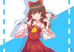 Rule 34 | 1girl, absurdres, ascot, bare shoulders, blue background, bow, breasts, brown eyes, brown hair, closed mouth, collar, collared dress, detached sleeves, dress, hair between eyes, hair ornament, hair tubes, hakurei reimu, hand on own hip, hand up, highres, long sleeves, looking at viewer, medium breasts, medium hair, red bow, red dress, shadow, smile, solo, touhou, white background, wide sleeves, yellow ascot, zanasta0810