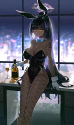 Rule 34 | 1girl, absurdres, alcohol, animal ears, backlighting, bare shoulders, black hair, blue archive, blue bow, blue bowtie, blurry, blurry background, blush, bow, bowtie, breasts, champagne flute, city lights, cleavage, commentary request, cup, dark-skinned female, dark skin, desk, detached collar, drinking glass, fake animal ears, fake tail, feet out of frame, fishnet pantyhose, fishnets, gloves, halo, highleg, highleg leotard, highres, karin (blue archive), karin (bunny) (blue archive), large breasts, leotard, long hair, looking at viewer, number tattoo, official alternate costume, on desk, pantyhose, playboy bunny, ponytail, rabbit ears, rabbit tail, rayrijo, sitting, on desk, solo, strapless, strapless leotard, tail, tattoo, traditional bowtie, white gloves, window, yellow eyes