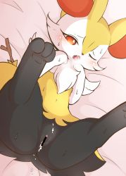 Rule 34 | 1girl, aftersex, animal ear fluff, animal ears, animal nose, bar censor, bed sheet, black fur, body fur, braixen, breath, censored, creatures (company), cum, cum in pussy, cum on body, cum on lower body, drooling, dutch angle, fang, feet, female focus, flat chest, fox ears, fox girl, fox tail, furry, furry female, game freak, gen 6 pokemon, half-closed eye, hands on own chest, hands up, kajiura, legs up, looking down, lying, navel, nintendo, on back, one eye closed, open mouth, pink background, pokemon, pokemon (creature), pussy, pussy juice, red eyes, saliva, solo, spread legs, stick, sweat, tail, tongue, tongue out, white fur, wince, yellow fur