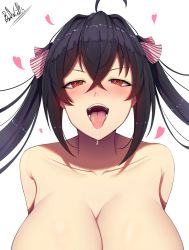 Rule 34 | 1girl, ahoge, azur lane, band-width, black hair, blush, breasts, cleavage, collarbone, crossed bangs, drooling, hair between eyes, half-closed eyes, heart, heart-shaped pupils, highres, huge breasts, large breasts, long hair, looking at viewer, open mouth, out-of-frame censoring, red eyes, saliva, signature, simple background, smile, solo, symbol-shaped pupils, taihou (azur lane), tongue, tongue out, twintails, very long hair, white background