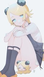 Rule 34 | 1girl, :3, ahoge, apron, black apron, black socks, blonde hair, blue eyes, censored, character censor, chibi, collared shirt, copyright request, crossed arms, hair ornament, highres, legs together, long sleeves, looking at viewer, migihidari (puwako), novelty censor, pom pom (clothes), pom pom hair ornament, shirt, simple background, slippers, smile, socks, solo, white background, white shirt, wing collar