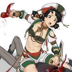 Rule 34 | 1boy, 1girl, absurdres, bad id, bad pixiv id, black hair, bladed tonfa, blood, blood on face, bloody weapon, breasts, brown eyes, check commentary, commentary request, defeat, earrings, feet out of frame, hat, highres, jewelry, looking at another, looking down, medium hair, namco, navel, open mouth, reverse ryona, seset, short twintails, shorts, shorts rolled up, simple background, small breasts, soul calibur, straddling, talim, tomboy, tonfa, twintails, underboob, v-shaped eyebrows, violence, weak male, weapon, white background