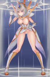 Rule 34 | 1girl, blue eyes, blush, boots, breasts, censored, clothes lift, elbow gloves, elementalist lux, eliskalti, gloves, headgear, large breasts, league of legends, lifting own clothes, light elementalist lux, lux (league of legends), nipples, no panties, one breast out, pussy juice, short hair, signature, silver hair, skirt, skirt lift, solo, tears, watermark, web address