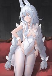 Rule 34 | + +, 1girl, absurdres, animal ears, azur lane, black background, blue eyes, blush, braid, breasts, couch, crotchless, crotchless pantyhose, fake animal ears, grey hair, hair ribbon, highres, kneeling, le malin (azur lane), le malin (listless lapin) (azur lane), leotard, long hair, low twin braids, nariku, pantyhose, playboy bunny, rabbit ears, ribbon, simple background, small breasts, solo, thigh strap, twin braids, very long hair, white footwear, white leotard, white pantyhose, white ribbon, wrist cuffs