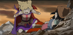 Rule 34 | 2girls, belt, black hair, blonde hair, blouse, bracelet, cape, commentary, cowboy hat, english commentary, from side, hat, invincible (series), jewelry, kneeling, kurokoma saki, meme, multiple girls, on floor, open mouth, pointing, pointing at self, pointy hair, purple skirt, shirt, skirt, think mark think! (meme), touhou, toyosatomimi no miko, user wlr8125