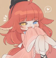 Rule 34 | 1girl, animal ears, bare legs, black footwear, blue eyes, blush, colored sclera, fang, gat (korean traditional hat), grey sclera, hanbok, heart, heterochromia, hn (artist), kaling (maplestory), knees together feet apart, knees up, korean clothes, long hair, long sleeves, looking at viewer, maplestory, mismatched sclera, open mouth, pink skirt, pink sleeves, pleated skirt, red hair, shoes, simple background, skirt, sleeves past wrists, smile, socks, solo, white socks, wide sleeves, yellow eyes