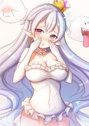 Rule 34 | 1girl, bad id, bad pixiv id, blush, boo (mario), breasts, brooch, cleavage, collar, collarbone, commentary request, covered navel, covering face, crown, detached collar, dress, earrings, elbow gloves, fangs, flying sweatdrops, frilled collar, frilled dress, frills, full-face blush, gloves, jewelry, large breasts, long hair, looking at viewer, luigi&#039;s mansion, mario (series), mini crown, new super mario bros. u deluxe, nintendo, pointy ears, princess king boo, purple eyes, see-through, sleeveless, sleeveless dress, smile, solo focus, strapless, strapless dress, super crown, tilted headwear, very long hair, white dress, white gloves, zhi yu (siro800102)