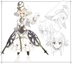 Rule 34 | 1girl, black legwear, boots, border, brown eyes, capelet, character sheet, dress, face, female focus, full body, gloves, hair flaps, hat, multiple views, original, outstretched hand, partially colored, shiromiso, short hair with long locks, standing, white background, white gloves, white hair