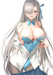 Rule 34 | 1girl, animal ears, asuna (blue archive), asuna (bunny) (blue archive), bare shoulders, blue archive, blue eyes, blue leotard, bow, bowtie, breasts, clothes pull, cowboy shot, detached collar, fake animal ears, hair over one eye, highres, large breasts, leotard, long hair, looking at viewer, mole, mole on breast, official alternate costume, pantyhose, playboy bunny, rabbit ears, shirt, simple background, skirt, skirt pull, smile, solo, tamiya akito, white background, white shirt