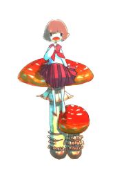 Rule 34 | 1girl, barefoot, brown hair, commentary, covered mouth, fly agaric, giant mushroom, holding, holding mushroom, long sleeves, looking at viewer, mushroom, neckerchief, on mushroom, original, pleated skirt, red neckerchief, red sailor collar, red skirt, sailor collar, sailor shirt, school uniform, serafuku, shirt, short hair, simple background, sitting, sitting on mushroom, skirt, solo, tokunaga aoi, traditional media, white background, white shirt