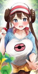 Rule 34 | 1girl, blurry, blush, breasts, brown hair, creatures (company), depth of field, double bun, embarrassed, game freak, gen 5 pokemon, hair bun, highres, holding, holding poke ball, large breasts, long hair, looking at viewer, nintendo, open hand, open mouth, pantyhose, pantyhose under shorts, poke ball, poke ball (basic), poke ball print, pokemon, pokemon (creature), pokemon bw2, print shirt, raglan sleeves, raised eyebrows, rosa (pokemon), rouka (akatyann), shirt, shorts, snivy, solo, sweat, tears, twintails, very long hair, visor cap, yellow shorts