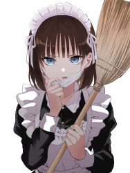 Rule 34 | 1girl, absurdres, apron, black dress, blue eyes, broom, brown hair, dress, eyebrows hidden by hair, frilled apron, frills, hand up, highres, holding, holding broom, juliet sleeves, long sleeves, looking at viewer, maid, maid apron, maid headdress, mask, mask pull, mouth mask, natsupa, original, parted lips, puffy sleeves, pulled by self, shadow, simple background, solo, surgical mask, upper body, v-shaped eyebrows, white apron, white background