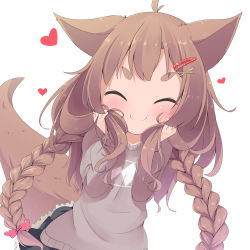 Rule 34 | &gt;:), 1girl, ^ ^, ahoge, animal ears, black skirt, blush, bow, braid, brown hair, brown sweater, closed eyes, closed mouth, facing viewer, fox ears, fox girl, fox tail, hair bow, hair ornament, hairclip, hands up, heart, highres, holding, holding own hair, long hair, long sleeves, makuran, original, pink bow, pleated skirt, short eyebrows, simple background, skirt, smile, solo, sweater, tail, thick eyebrows, twin braids, v-shaped eyebrows, very long hair, white background, x hair ornament