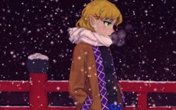 Rule 34 | 1girl, adapted costume, blonde hair, breath, coat, green eyes, hair ornament, hairclip, hands in pockets, meimaru inuchiyo, mizuhashi parsee, pointy ears, scarf, short hair, snowing, solo, sweater, touhou, winter clothes