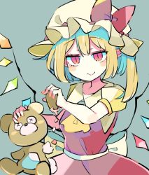 Rule 34 | 1girl, :&gt;, ascot, baron (x5qgeh), blonde hair, bow, commentary, crystal, flandre scarlet, green background, hair between eyes, hat, hat ribbon, mob cap, one side up, puffy short sleeves, puffy sleeves, red bow, red eyes, red skirt, red vest, ribbon, ripping, shirt, short hair, short sleeves, side ponytail, simple background, skirt, solo, stuffed animal, stuffed toy, teddy bear, touhou, vest, white bow, white shirt, wings, yellow ascot