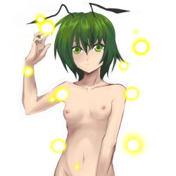 Rule 34 | 1girl, androgynous, antennae, bad id, bad pixiv id, breasts, bug, female focus, fireflies, firefly, flat chest, green eyes, green hair, bug, light, matching hair/eyes, nipples, nude, reverse trap, shimomoto, short hair, small breasts, solo, touhou, upper body, wriggle nightbug