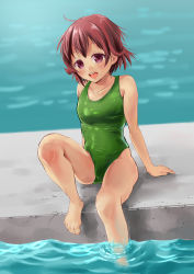 Rule 34 | 10s, 1girl, bare shoulders, blush, breasts, brown hair, highres, kantai collection, looking at viewer, mutsuki (kancolle), natsu no oyatsu, one-piece swimsuit, open mouth, purple eyes, short hair, sitting, small breasts, solo, standing, swimsuit, tongue