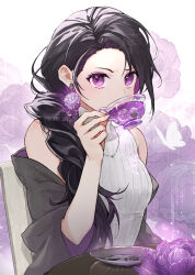 Rule 34 | 1girl, bare shoulders, black hair, blush, braid, bug, butterfly, commission, cup, earrings, flower, flower earrings, furrowed brow, glass teacup, hair over shoulder, halter shirt, halterneck, holding, holding cup, insect, jacket, jacket partially removed, jewelry, long hair, looking at viewer, original, peony (flower), purple eyes, ribbed shirt, saucer, shiromine kana, shirt, single braid, skeb commission, solo, spoon, teacup, very long hair, watermark, white background