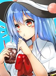 Rule 34 | 1girl, :t, ^^^, bad id, bad twitter id, black hat, blue hair, blush, blush stickers, bow, bowtie, cola, drinking straw, food, fruit, glass, hat, highres, hinanawi tenshi, ice, ice cream, ice cube, long hair, looking away, peach, puffy short sleeves, puffy sleeves, red bow, red bowtie, red eyes, shirt, short sleeves, solo, touhou, upper body, very long hair, white shirt, wing collar, yuhito (ablbex)