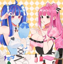 Rule 34 | 2girls, alternate costume, alternate hairstyle, blue hair, breasts, cleavage, commentary request, eyelashes, hair ornament, hair ribbon, joman, korean commentary, large breasts, long hair, mask, mouth mask, multicolored hair, multiple girls, one piece, perona, pink eyes, pink hair, puffy short sleeves, puffy sleeves, ribbon, short sleeves, sitting, sketch, twintails, two-tone hair, ulti (one piece), white mask