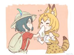 Rule 34 | 10s, animal ears, backpack, bag, bow, bowtie, bucket hat, elbow gloves, food, food on face, gloves, hair between eyes, handkerchief, hat, hat feather, high-waist skirt, kaban (kemono friends), kemono friends, multicolored hair, red shirt, serval (kemono friends), serval print, serval tail, shirt, skirt, sleeveless, sleeveless shirt, striped tail, tail, two-tone hair, umiroku