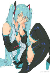 Rule 34 | 1girl, absurdres, aqua eyes, aqua hair, aqua necktie, bare shoulders, black footwear, black skirt, black sleeves, boots, clenched teeth, collared shirt, detached sleeves, feet out of frame, frown, grabbing own breast, hair ornament, half-closed eyes, hand on own cheek, hand on own face, hatsune miku, high heels, highres, knees up, long hair, long sleeves, looking to the side, miniskirt, necktie, on ground, ruukii drift, shirt, sitting, skirt, sleeveless, sleeveless shirt, solo, sweat, teeth, thigh boots, twintails, very long hair, vocaloid, weibo logo, weibo watermark, white background, white shirt