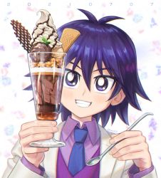 Rule 34 | 1boy, antenna hair, blue necktie, blush, clenched teeth, collared shirt, commentary request, cup, dessert, food, grin, hair between eyes, hands up, holding, holding cup, holding spoon, jacket, kaiba mokuba, koma yoichi, long sleeves, male focus, medium hair, necktie, purple eyes, purple hair, purple shirt, purple vest, shirt, smile, solo, spoon, teeth, vest, white jacket, yu-gi-oh!