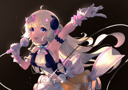 Rule 34 | 1girl, :d, ahoge, armlet, bad id, bad twitter id, belt, blonde hair, bow, bow skirt, braid, clothing cutout, gloves, hair ornament, hairclip, half updo, halterneck, highres, holding, holding microphone, hololive, hololive idol uniform, horns, idol, layered skirt, long hair, looking at viewer, microphone, miniskirt, mochiyuki (gigfor1), music, navel, navel cutout, official alternate costume, open mouth, reaching, reaching towards viewer, sheep girl, sheep hair ornament, sheep horns, short ponytail, singing, skirt, skirt set, sleeveless, smile, solo, teeth, tsunomaki watame, upper teeth only, very long hair, virtual youtuber, white bow, white gloves, white skirt, wrist cuffs