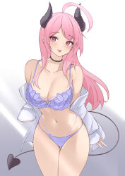 Rule 34 | 1girl, absurdres, ahoge, bare shoulders, black choker, bra, breasts, choker, cleavage, closed mouth, collarbone, cowboy shot, demon girl, demon horns, demon tail, ear piercing, highres, horns, jacket, large breasts, lingerie, long sleeves, mole, mole under eye, multi-strapped panties, navel, navel piercing, off shoulder, open clothes, open jacket, original, panties, parfait desu, parfy (parfait ehmy), piercing, pink eyes, pink hair, purple bra, purple panties, smile, solo, standing, stomach, string bra, string panties, tail, thigh gap, thighs, tongue, tongue out, underwear, white jacket