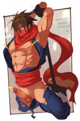 Rule 34 | 1boy, abs, absurdres, bara, bare pectorals, bound, bound legs, bound wrists, censored, clothes pull, crow (siranui), cum, cum string, erection, full body, highres, male focus, male lactation, mask, mosaic censoring, mouth mask, muscular, muscular male, navel, ninja mask, nipples, no male underwear, open clothes, open shirt, original, pants, pants pull, pectorals, penis, precum, red scarf, scarf, short hair, sleeveless, solo, stomach, translation request, twitching penis