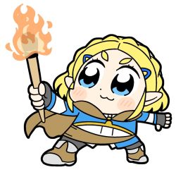Rule 34 | 1girl, :3, bkub, blonde hair, blue eyes, blush, blush stickers, boots, braid, cloak, commentary, dot nose, fingerless gloves, fire, gloves, hair ornament, hairclip, holding, holding torch, light blush, looking to the side, nintendo, pants, pointy ears, princess zelda, short hair, simple background, solo, standing, the legend of zelda, the legend of zelda: breath of the wild, the legend of zelda: tears of the kingdom, torch, white background